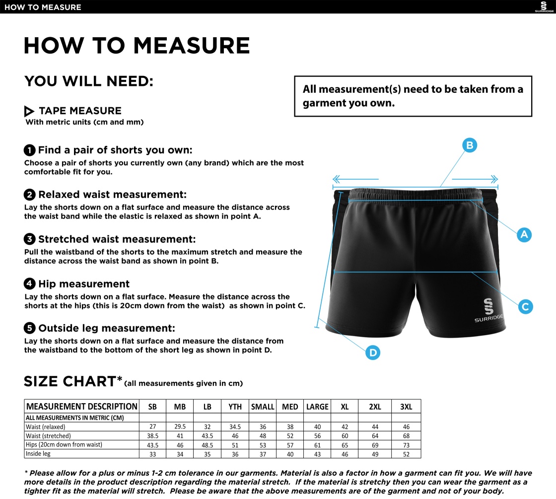 St Neot Taverners CC - Performance Gym Short - Unisex Fit - Size Guide