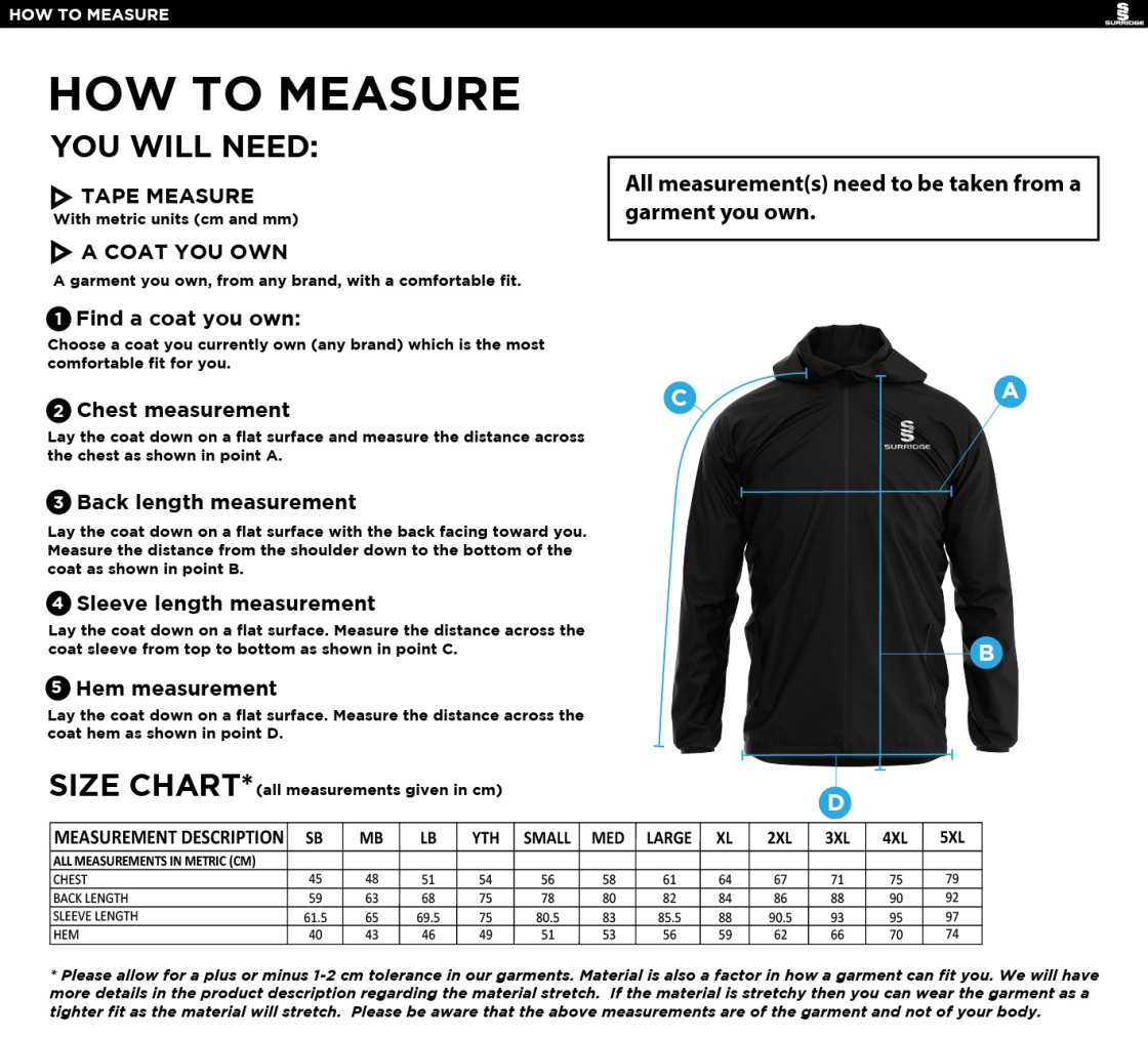 St Neot Taverners CC - Dual Full Zip Training Jacket - Royal - Unisex Fit - Size Guide
