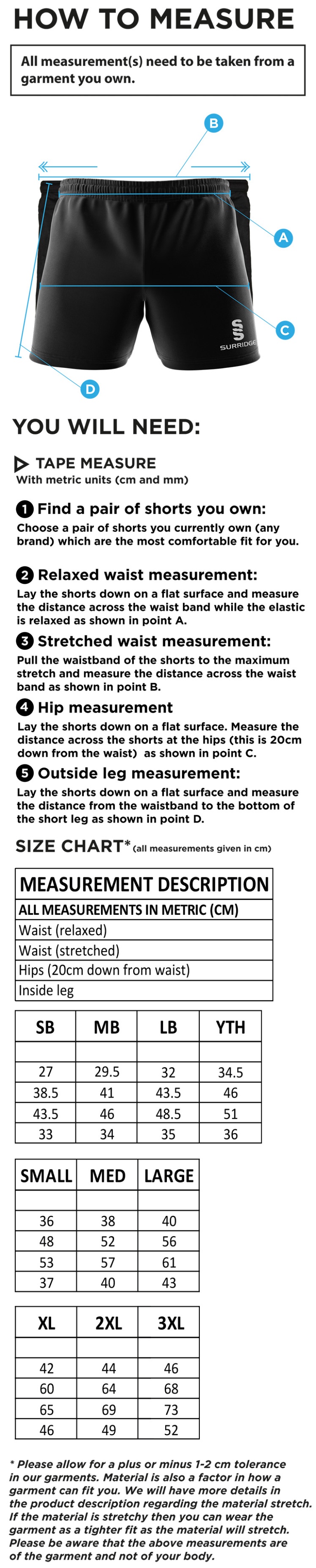St Neot Taverners CC - Performance Gym Short - Unisex Fit - Size Guide
