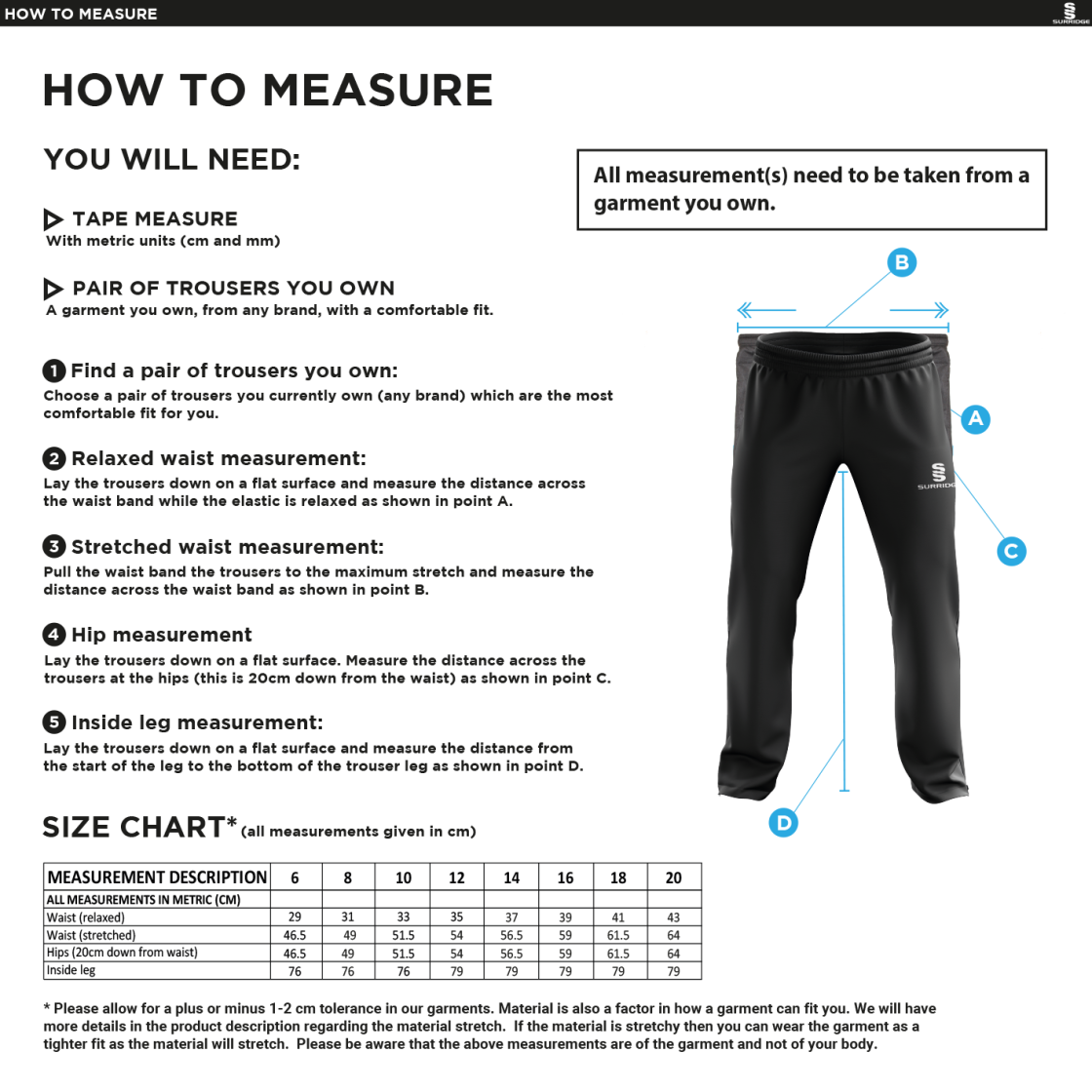St Neot Taverners CC - Poplin Track Pants - Ladies Fit - Size Guide