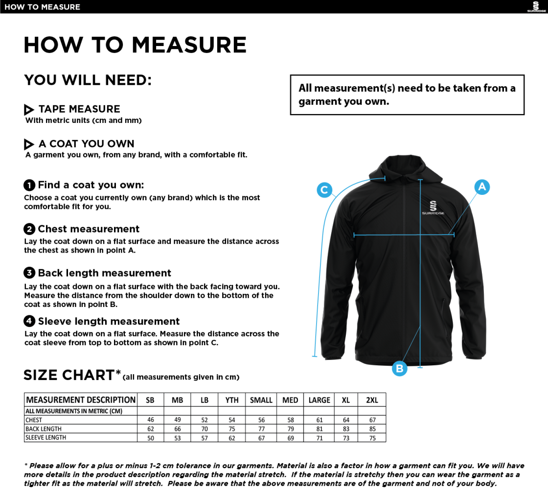 St Neot Taverners CC - Dual Elite 1/4 Zip Hoody / Rain Jacket - Unisex Fit - Size Guide