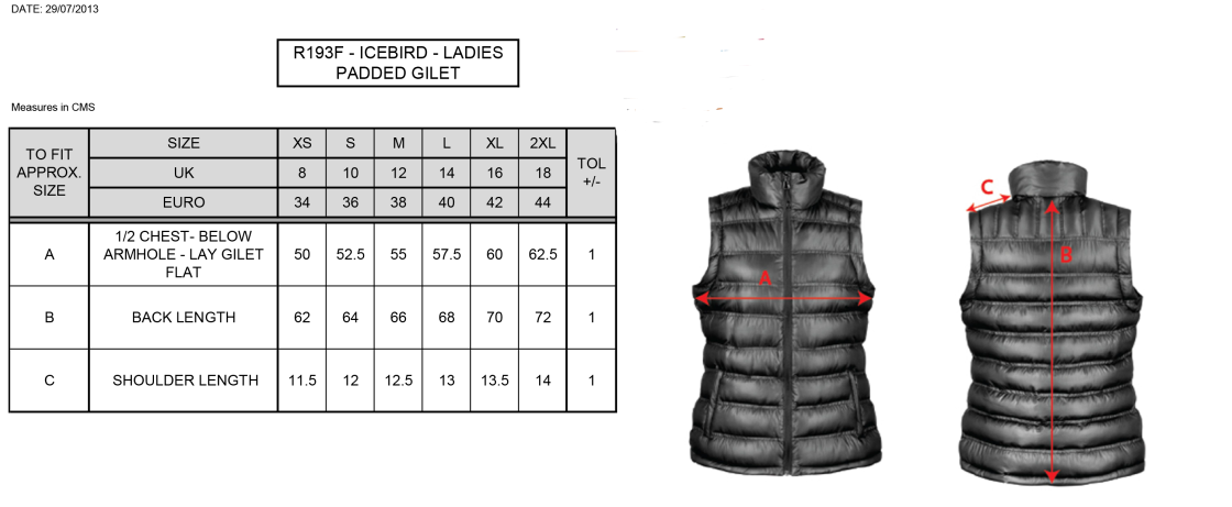 St Neot Taverners CC - Padded Gilet - Ladies Fit - Size Guide