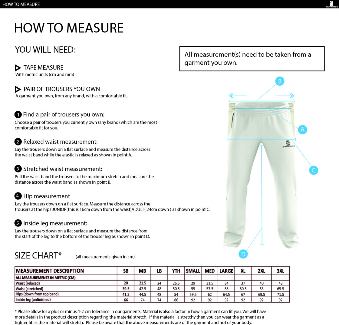 St Neot Taverners CC - Playing Pants - Size Guide