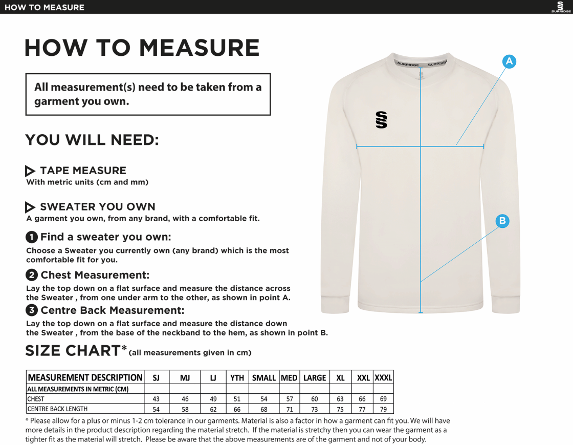 St Neot Taverners CC - Blast Long Sleeve Cricket Sweater - Size Guide