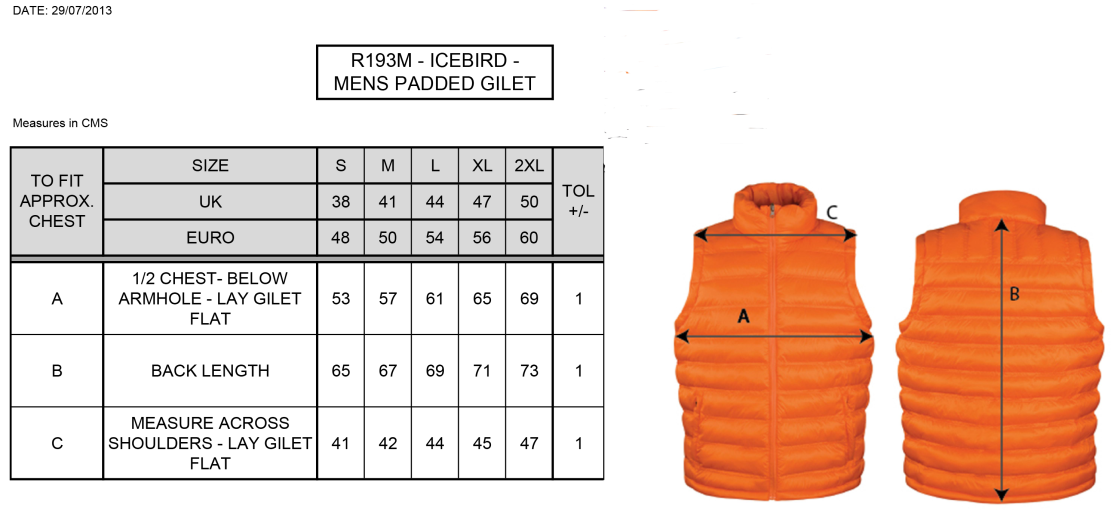St Neot Taverners CC - Padded Gilet - Men's Fit - Size Guide