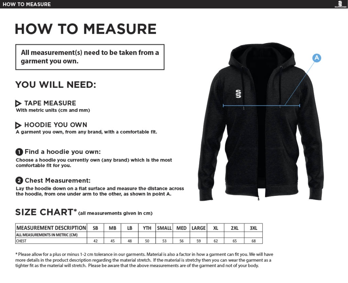 St Neot Taverners CC - Dual Full Zip Hoody - Unisex Fit - Size Guide