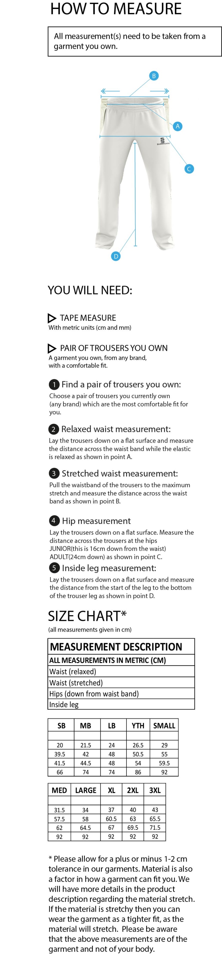 St Neot Taverners CC - Playing Pants - Size Guide
