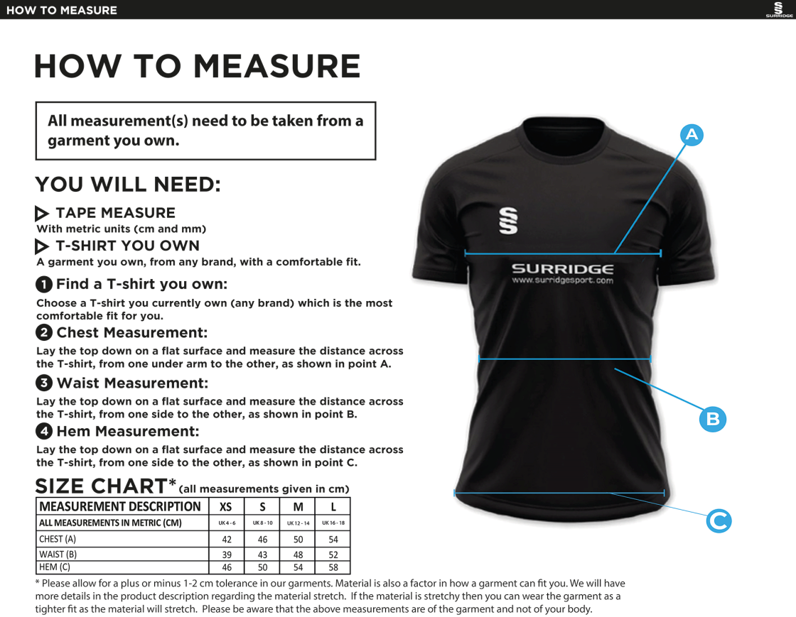St Neot Taverners CC - Dual Games Shirt - Royal - Ladies Fit - Size Guide