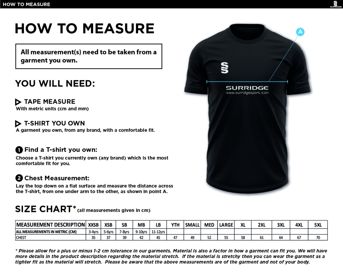 St Neot Taverners CC - Dual Training Vest - Unisex Fit - Size Guide
