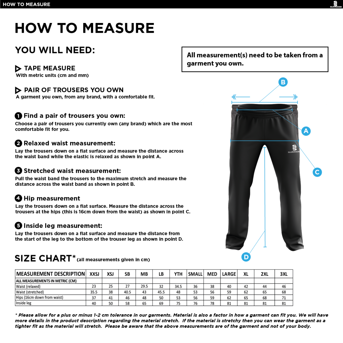 St Neot Taverners CC - Poplin Track Pants - Men's/Unisex Fit - Size Guide