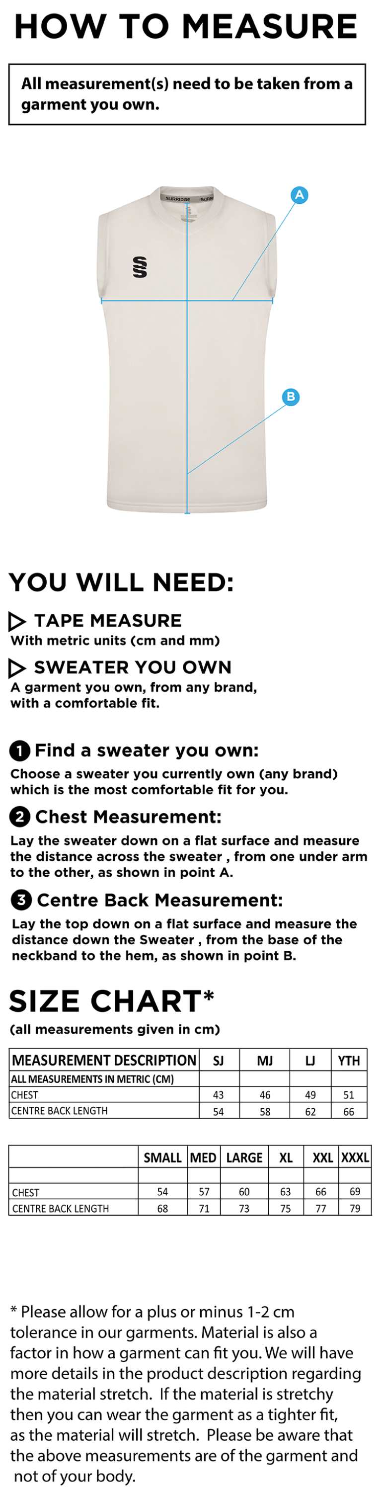 St Neot Taverners CC - Blast Sleeveless Cricket Sweater - Size Guide