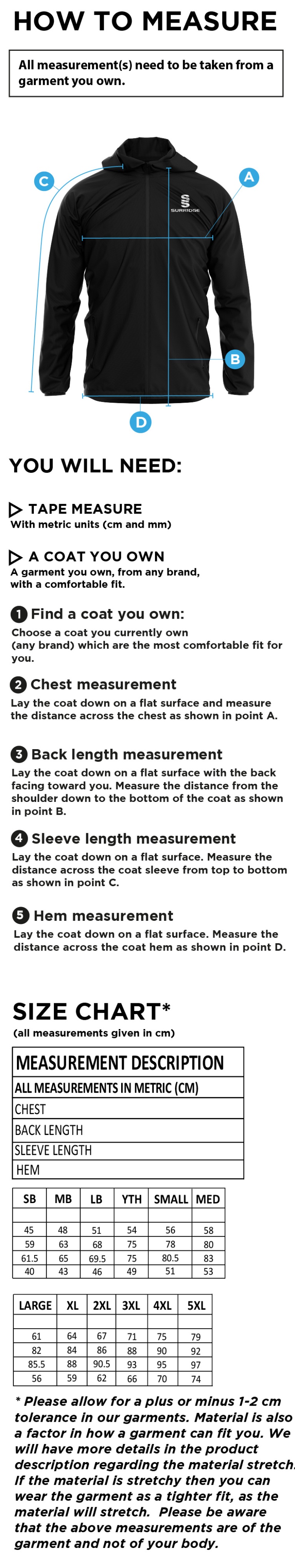 St Neot Taverners CC - Dual Full Zip Training Jacket - Royal - Unisex Fit - Size Guide