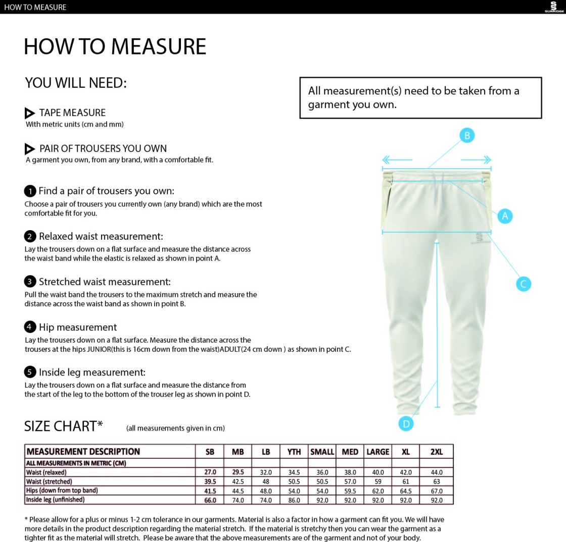 St Neot Taverners CC - Tek Playing Pants - Size Guide