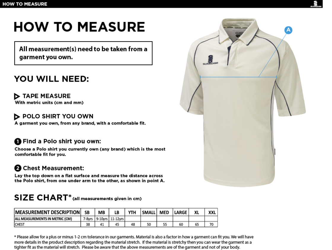 St Neot Taverners CC - Premier 3/4 Sleeved Shirt - Size Guide
