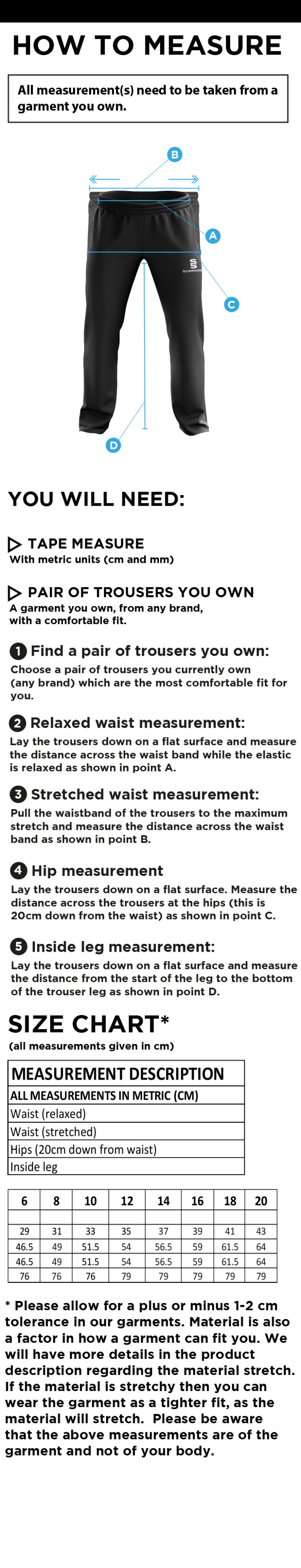 St Neot Taverners CC - Poplin Track Pants - Ladies Fit - Size Guide