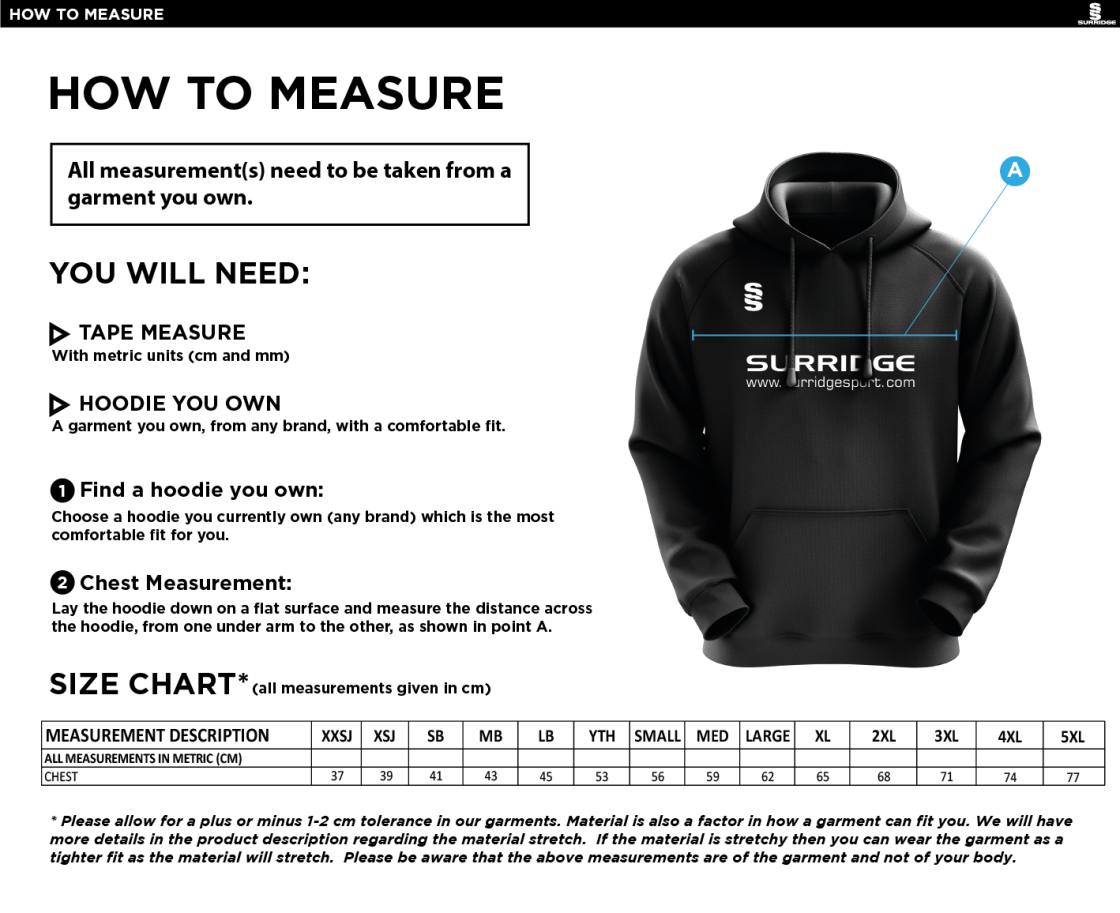 St Neot Taverners CC - Fuse Hoody - Unisex Fit - Size Guide