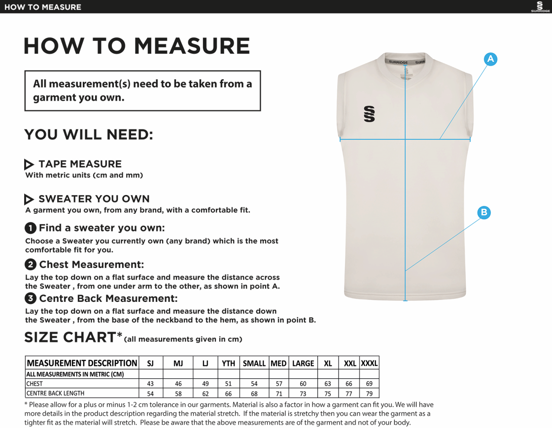 St Neot Taverners CC - Blast Sleeveless Cricket Sweater - Size Guide