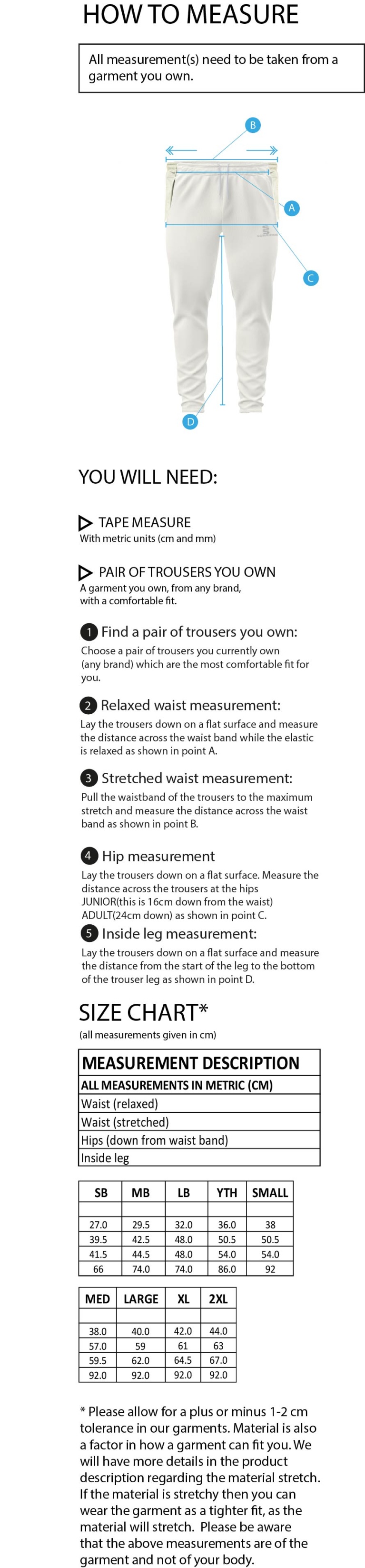 St Neot Taverners CC - Tek Playing Pants - Size Guide