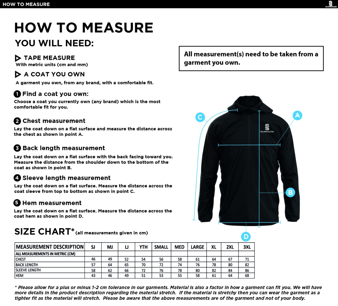 St Neot Taverners CC - Dual Elite 1/4 Zip Hoody / Rain Jacket - Unisex Fit - Size Guide