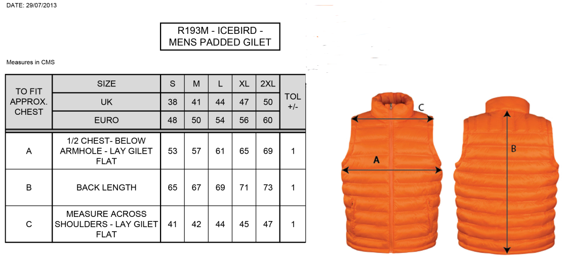 St Neot Taverners CC - Padded Gilet - Men's Fit - Size Guide